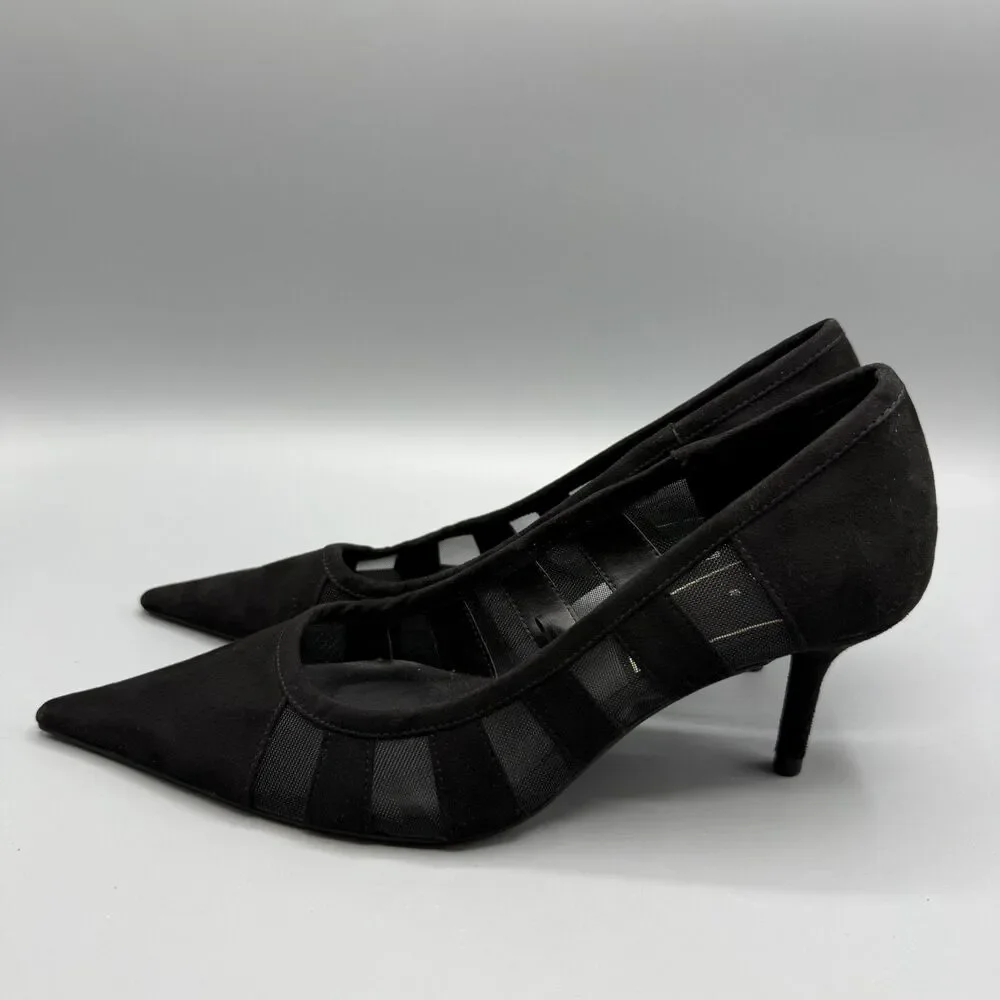 Zara Black Kitten Heels Pointed Toe Mesh Stripe Detailing Size EU 40 US 9